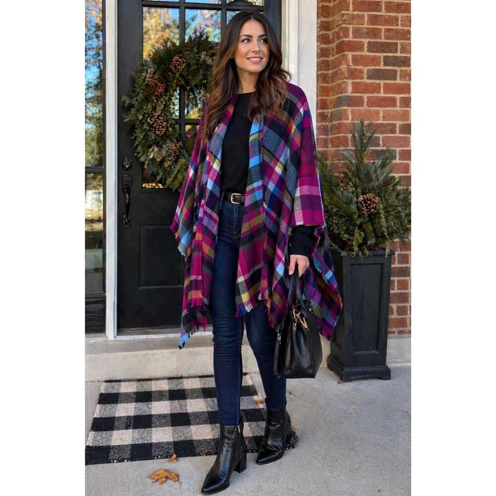 Soft Surroundings Plaid Poncho Ruana One Size Fringe Cozy Chic Purple Multicolor